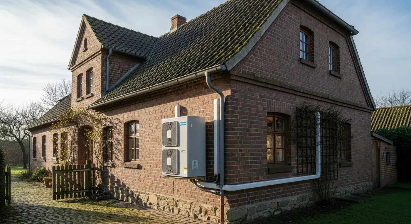 Älteres Backsteinhaus mit nachgerüsteter Luft-Wasser-Wärmepumpe an der Seite