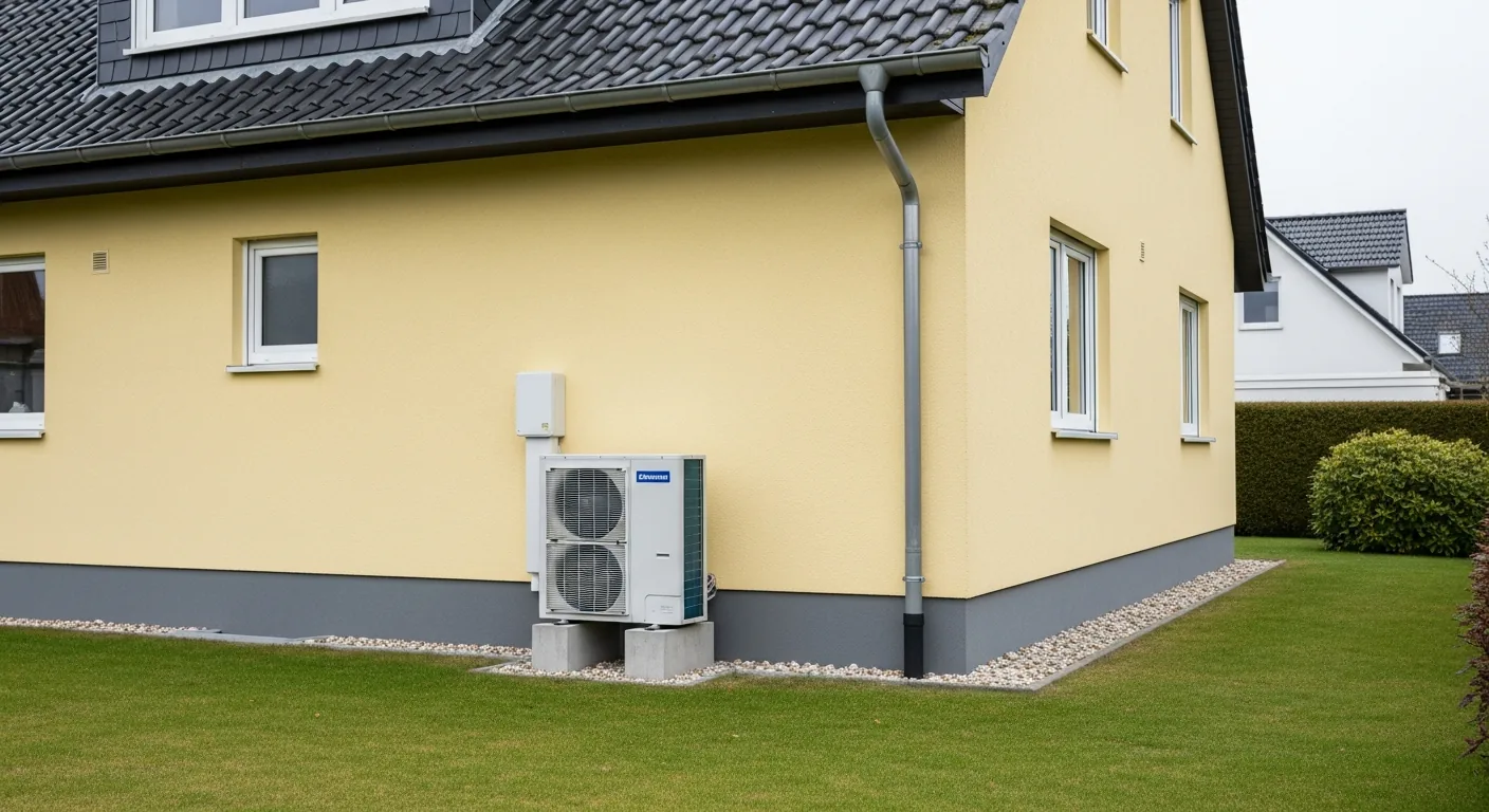 Luft-Wasser-Wärmepumpe (Außeneinheit) neben einem Wohnhaus