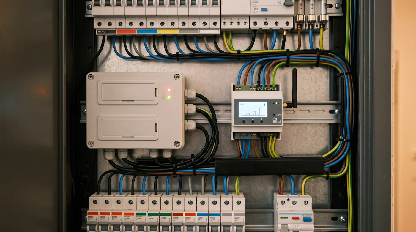 Steuerbox und Smart-Meter-Gateway im Verteilerkasten eines Wohnhauses