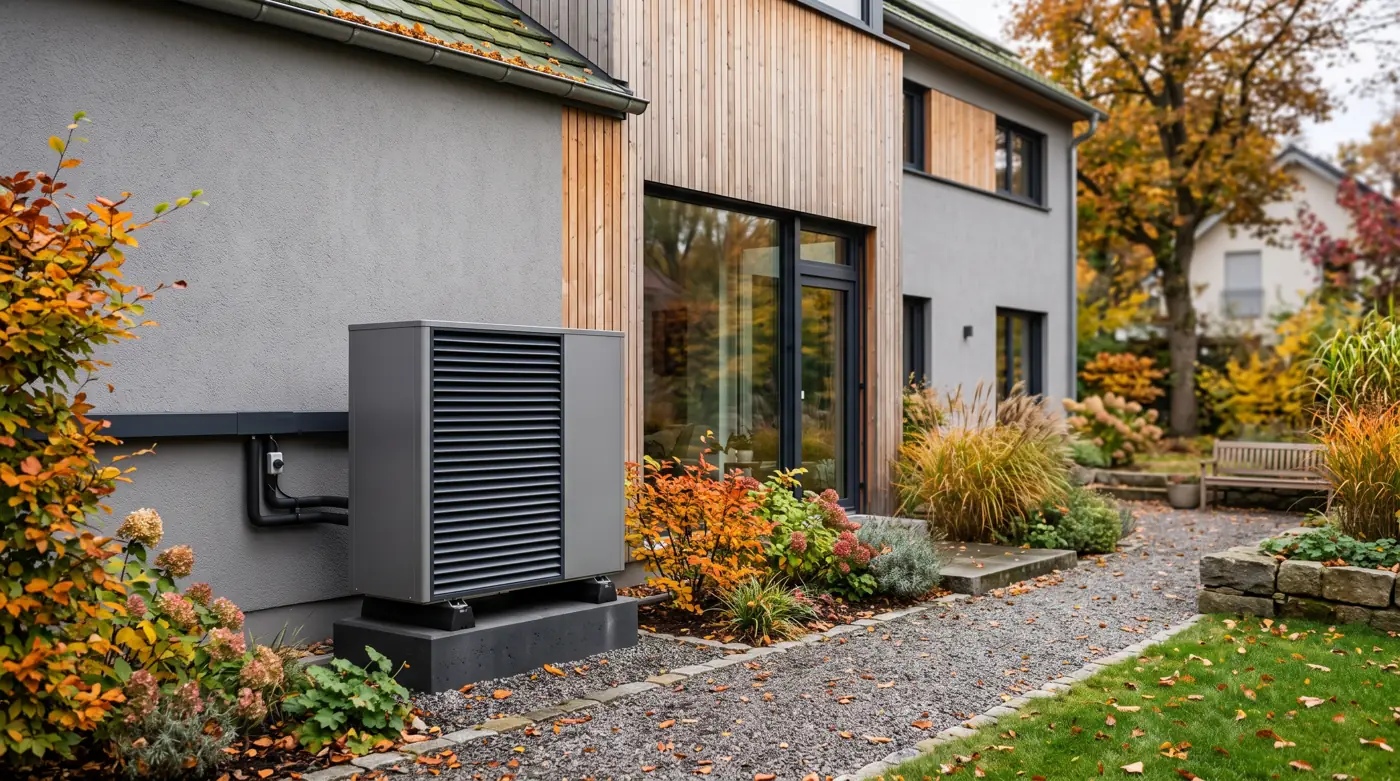 Luft-Wasser-Wärmepumpe an einem modernen Wohnhaus in Deutschland