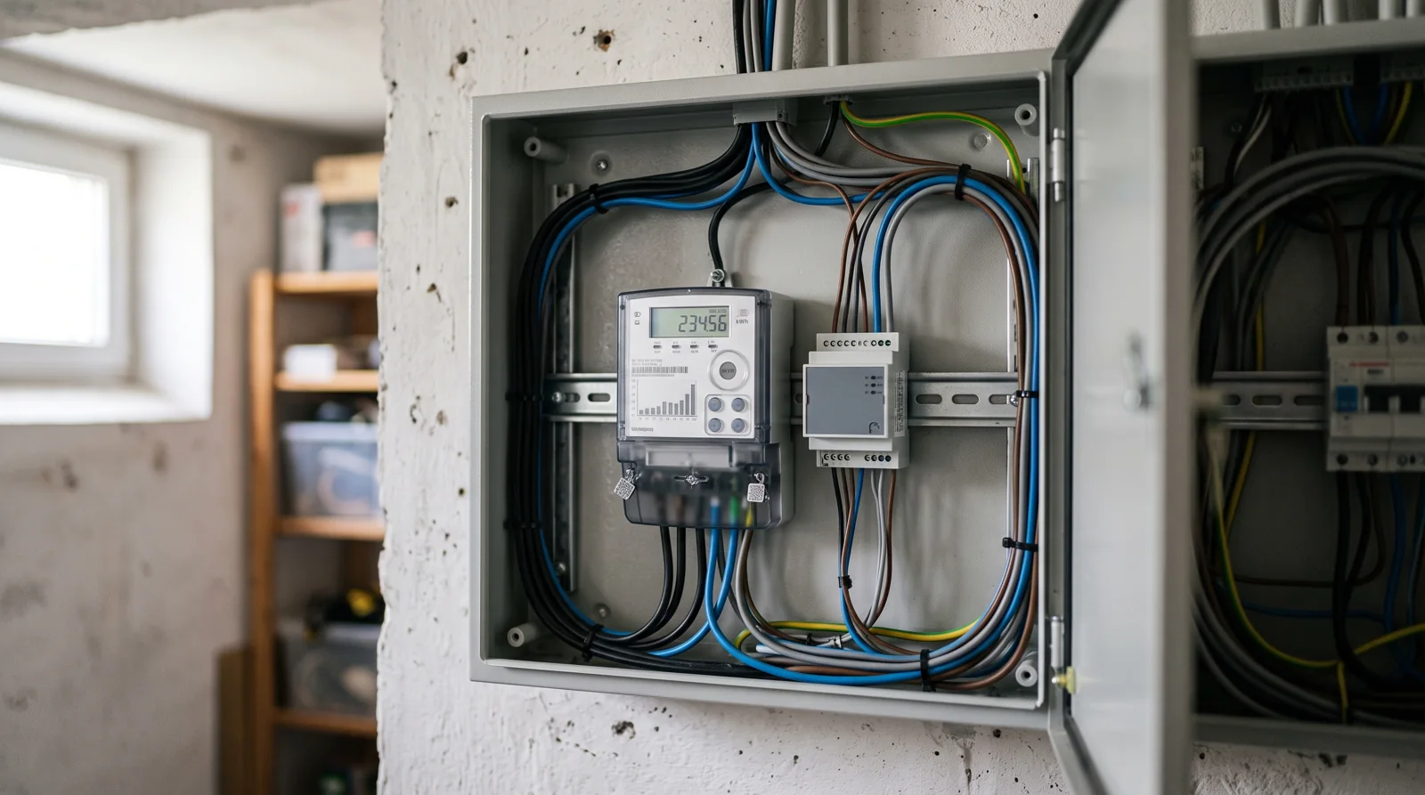 Zählerschrank mit intelligentem Messsystem und Steuerbox für die §14a-Steuerung einer Wärmepumpe
