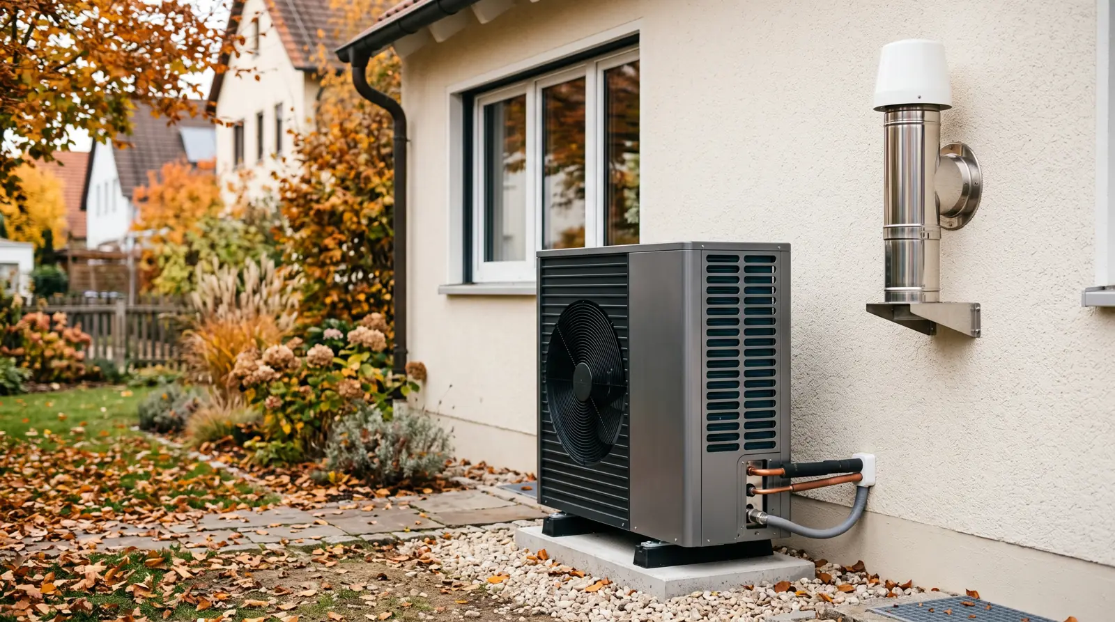 Wärmepumpen-Außeneinheit neben einem Wohnhaus im Vergleich zur bestehenden Gasheizung