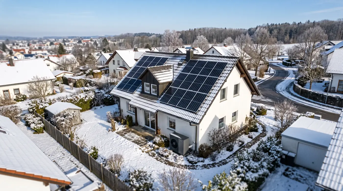 Deutsches Wohnhaus mit Photovoltaik auf dem Dach und Luft-Wärmepumpe im Garten an einem Wintertag