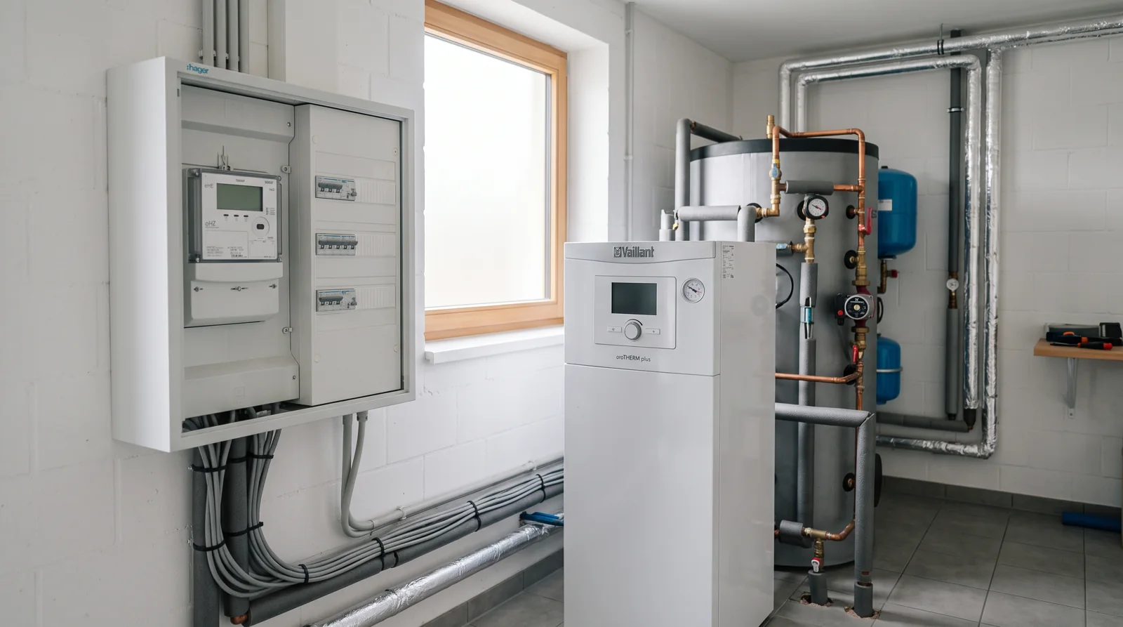 Digitaler Smart-Meter-Schrank neben Wärmepumpen-Inneneinheit und Pufferspeicher im Technikraum eines deutschen Einfamilienhauses
