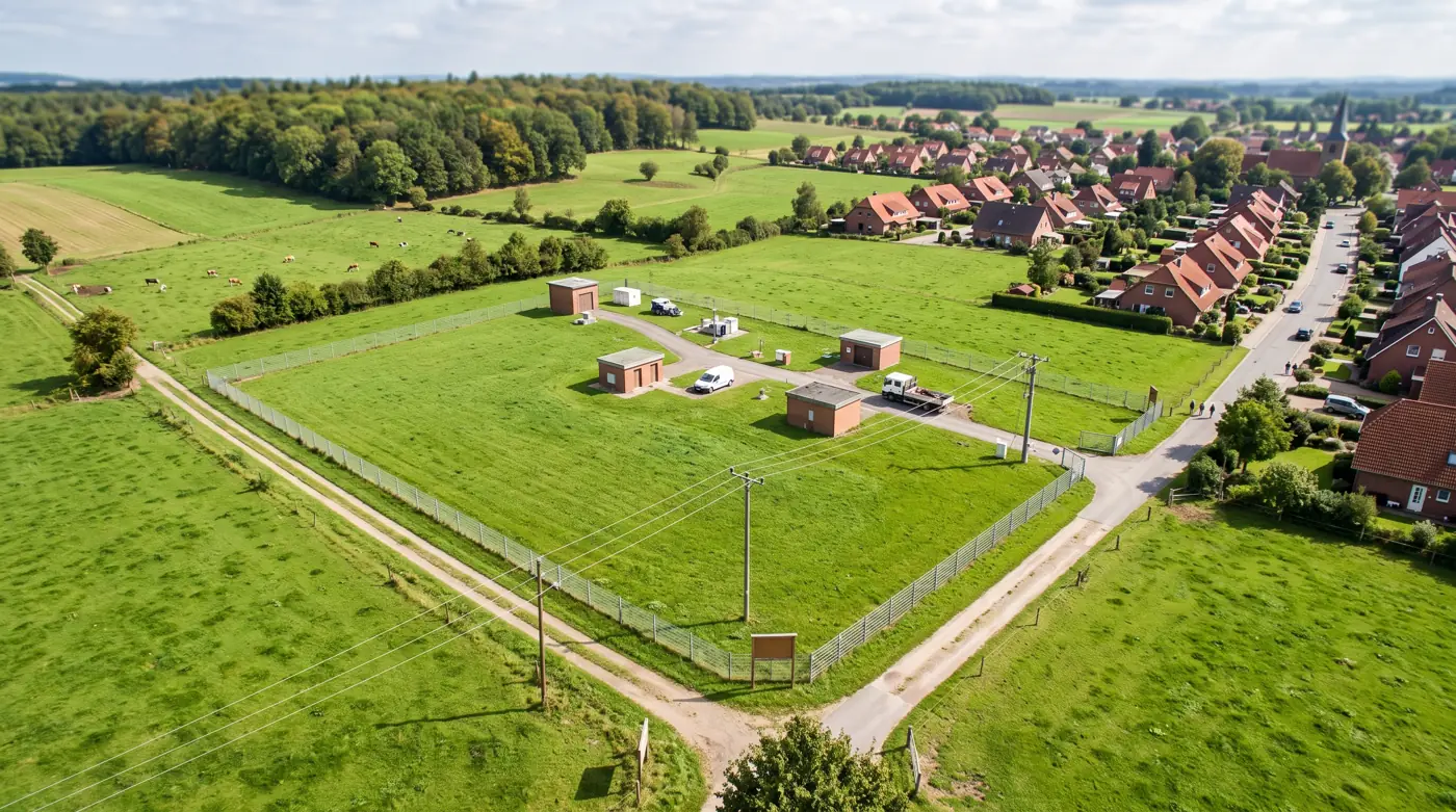 Trinkwasserschutzgebiet mit Brunnenfassung neben einem Wohngebiet