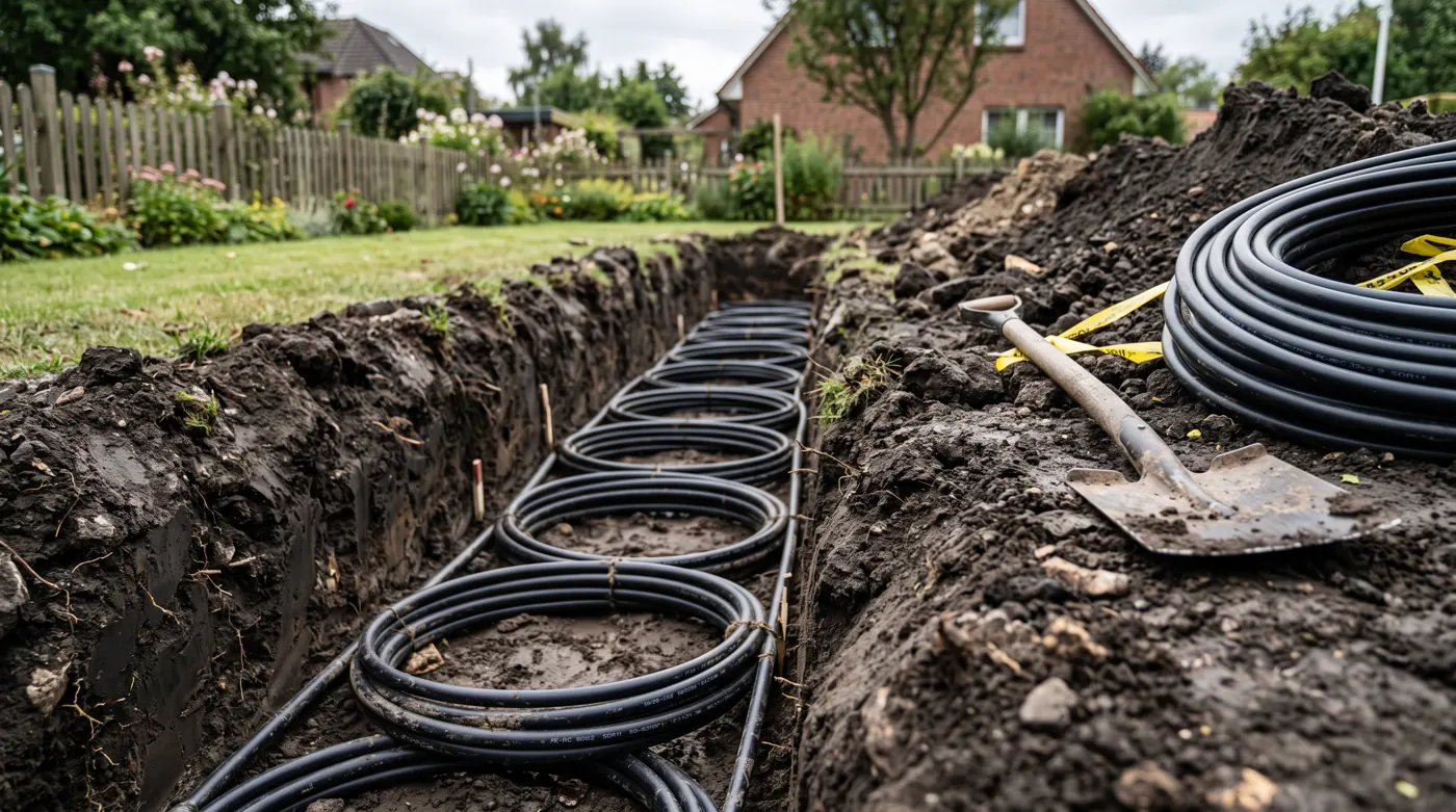 Verlegung eines Erdwaerme-Flaechenkollektors in etwa 1,2 Meter Tiefe im Garten