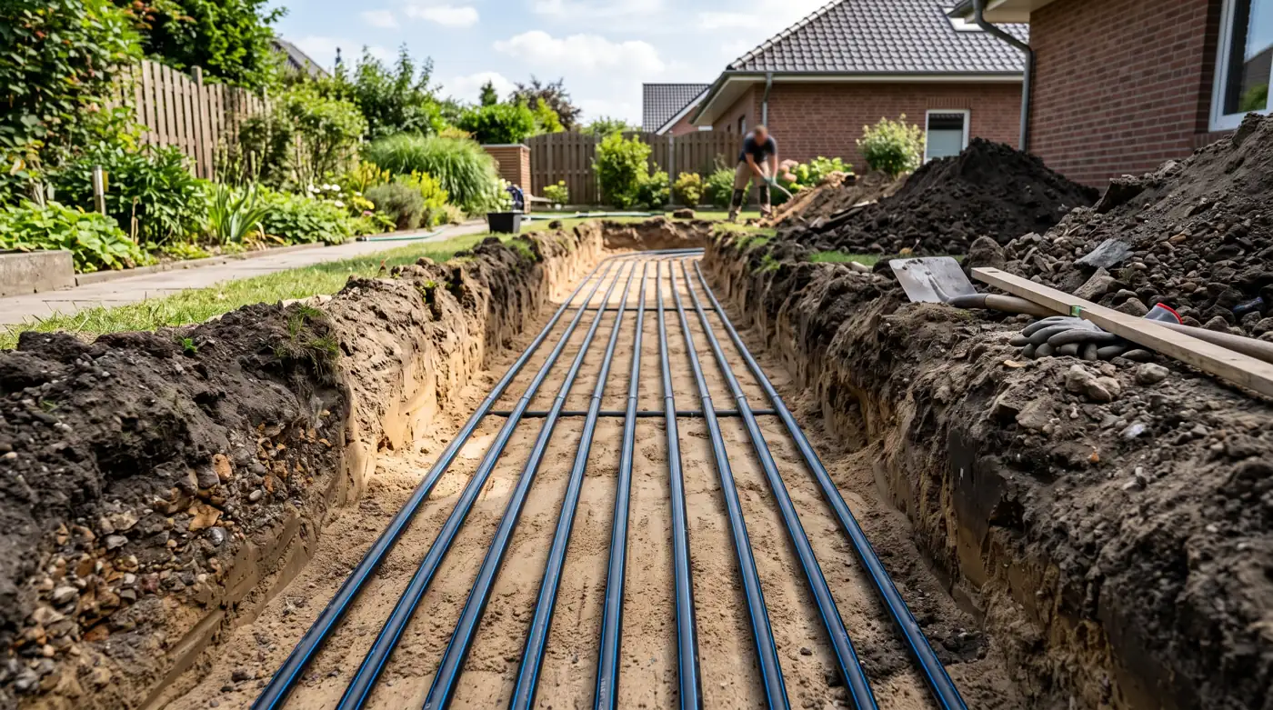 Verlegung eines Flächenkollektors mit Solerohren in einem Garten