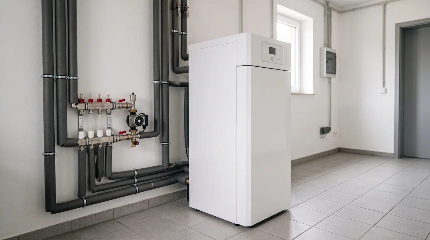 Innenaufgestellte Sole-Wasser-Wärmepumpe im Technikraum eines Einfamilienhauses