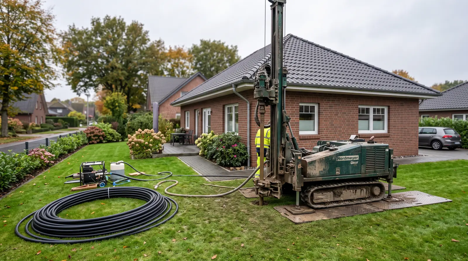 Bohrgerät setzt auf einem Wohngrundstück eine Erdwärmesonde für eine Sole-Wasser-Wärmepumpe