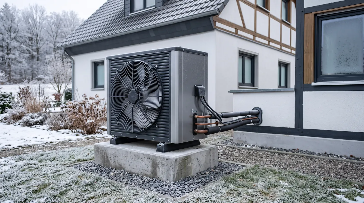 Luft-Wasser-Wärmepumpe an einem sanierten Einfamilienhaus in Deutschland