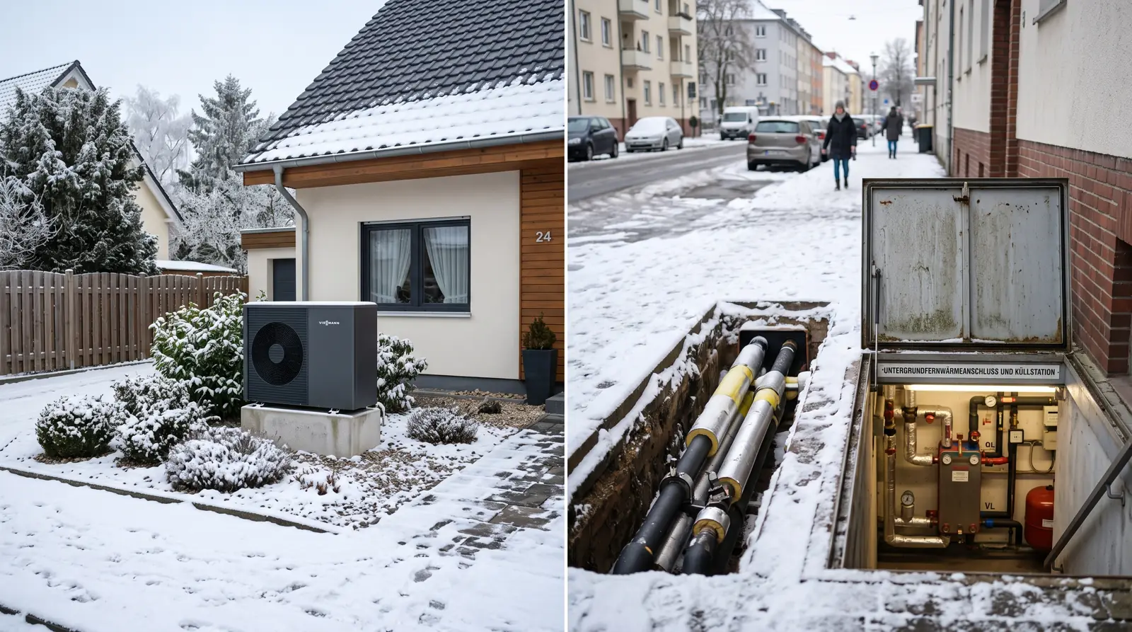 Vergleich Fernwärme und Wärmepumpe an einem deutschen Wohnhaus im Winter