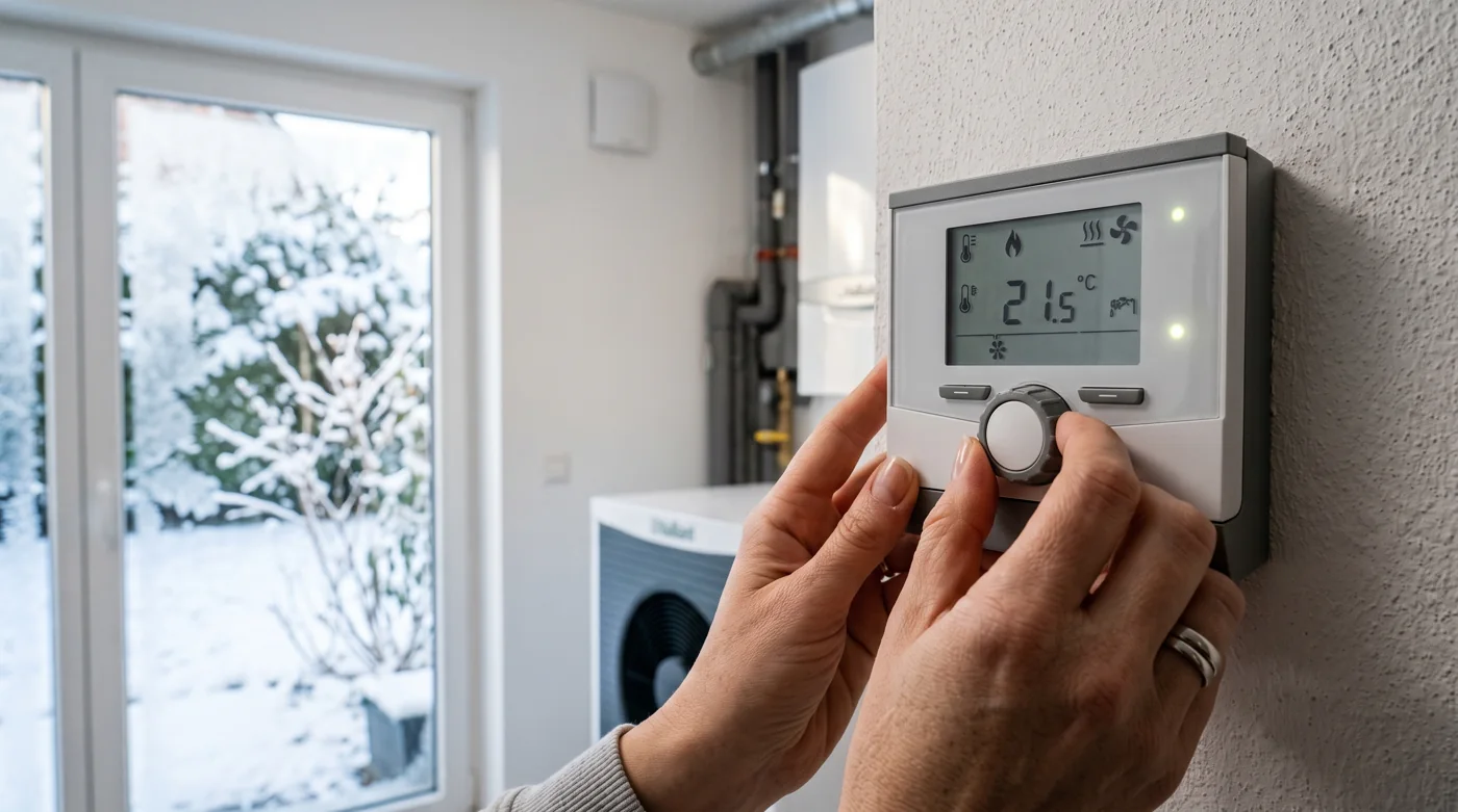 Person justiert an einem kalten Tag die Steilheit der Heizkurve am Regler der Wärmepumpe
