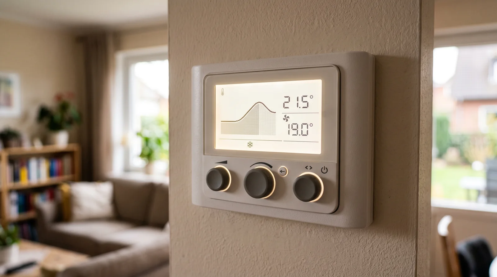 Bedieneinheit einer Wärmepumpe an der Wand mit Display zur Regelung der Heizkurve