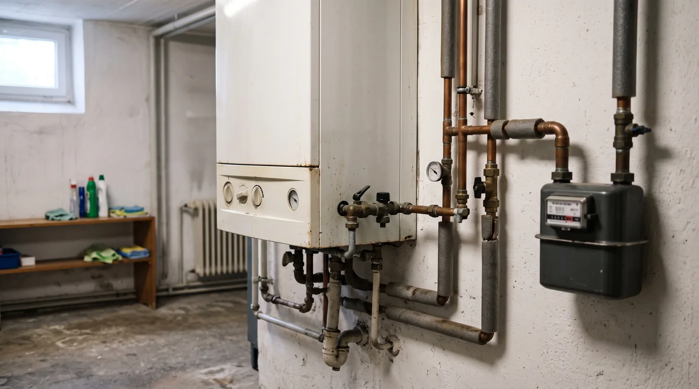 Alte Gasheizung mit Kupferrohren und Gaszähler im Keller