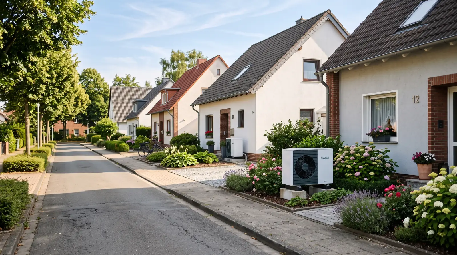 Wohnstraße mit Einfamilienhäusern und installierten Wärmepumpen