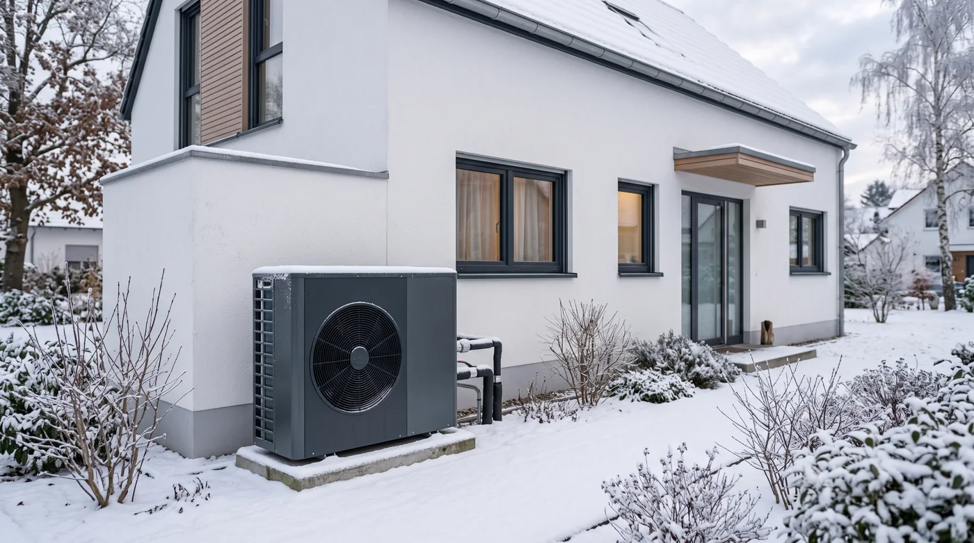 Luft-Wasser-Wärmepumpe an einem Einfamilienhaus, die von niedriger Vorlauftemperatur profitiert