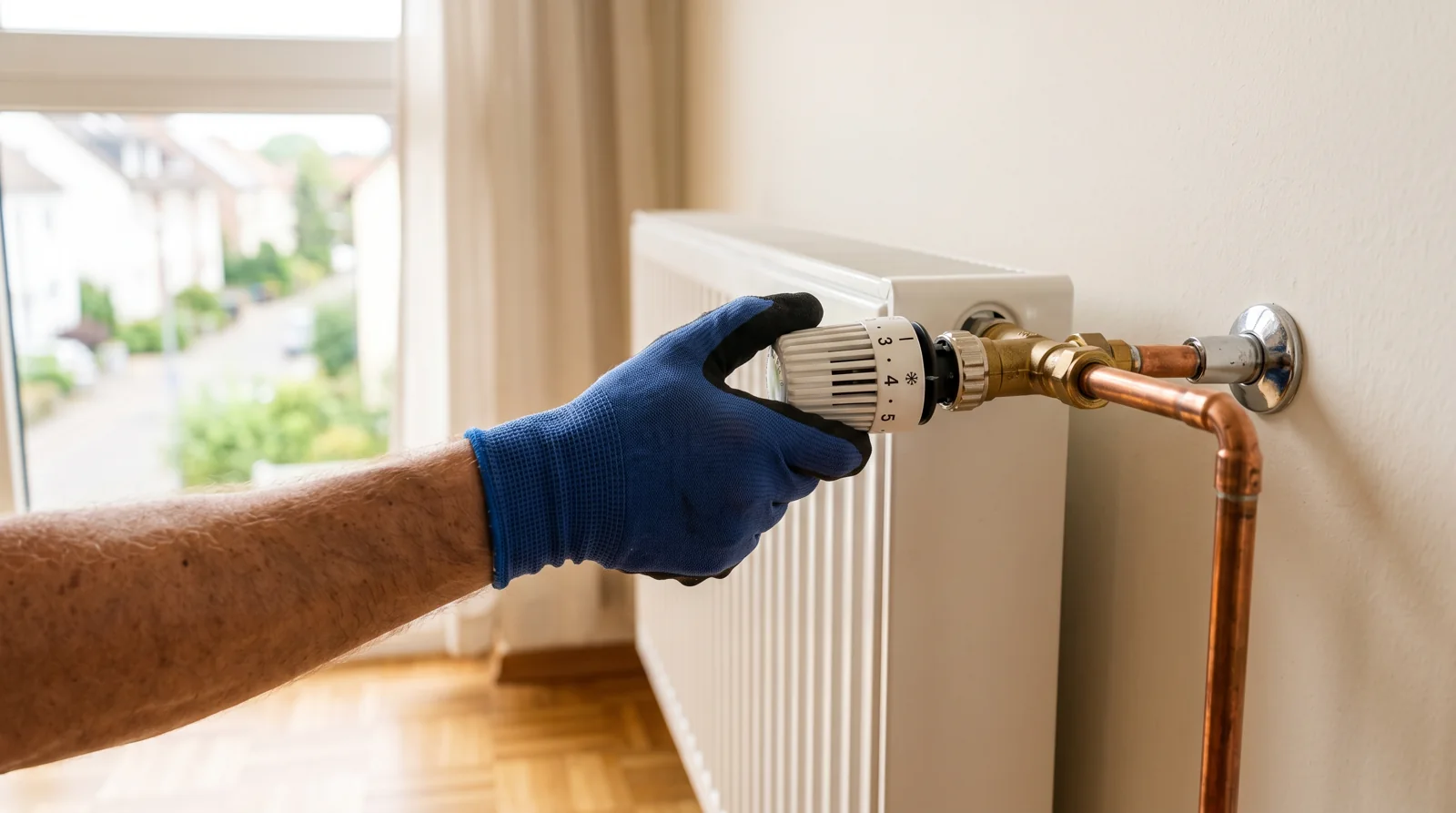 Handwerker stellt ein voreinstellbares Thermostatventil an einem Heizkörper ein