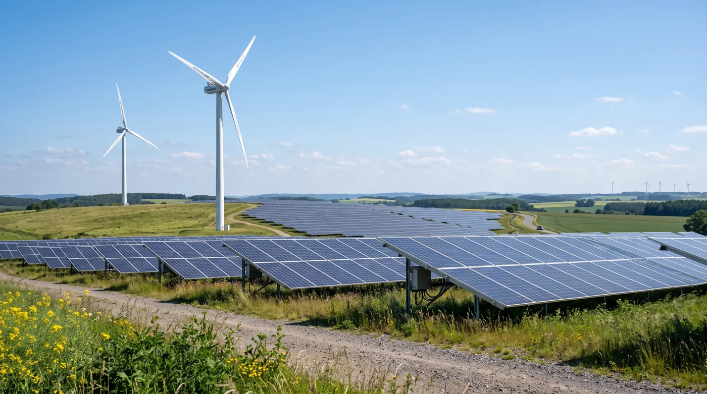 Windkraftanlagen und Solarfeld in Deutschland als Symbol für sauberen Strommix