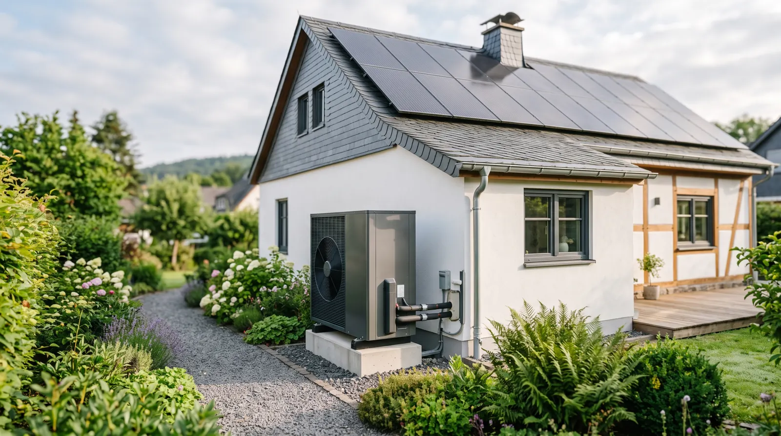 Luft-Wärmepumpe an einem deutschen Einfamilienhaus mit Solaranlage auf dem Dach