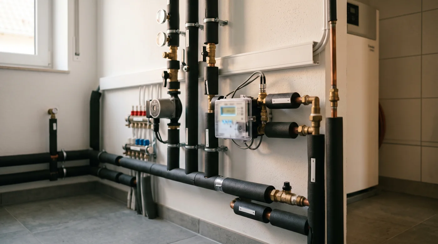Wärmemengenzähler und Rohrleitungen im Technikraum einer Wärmepumpe