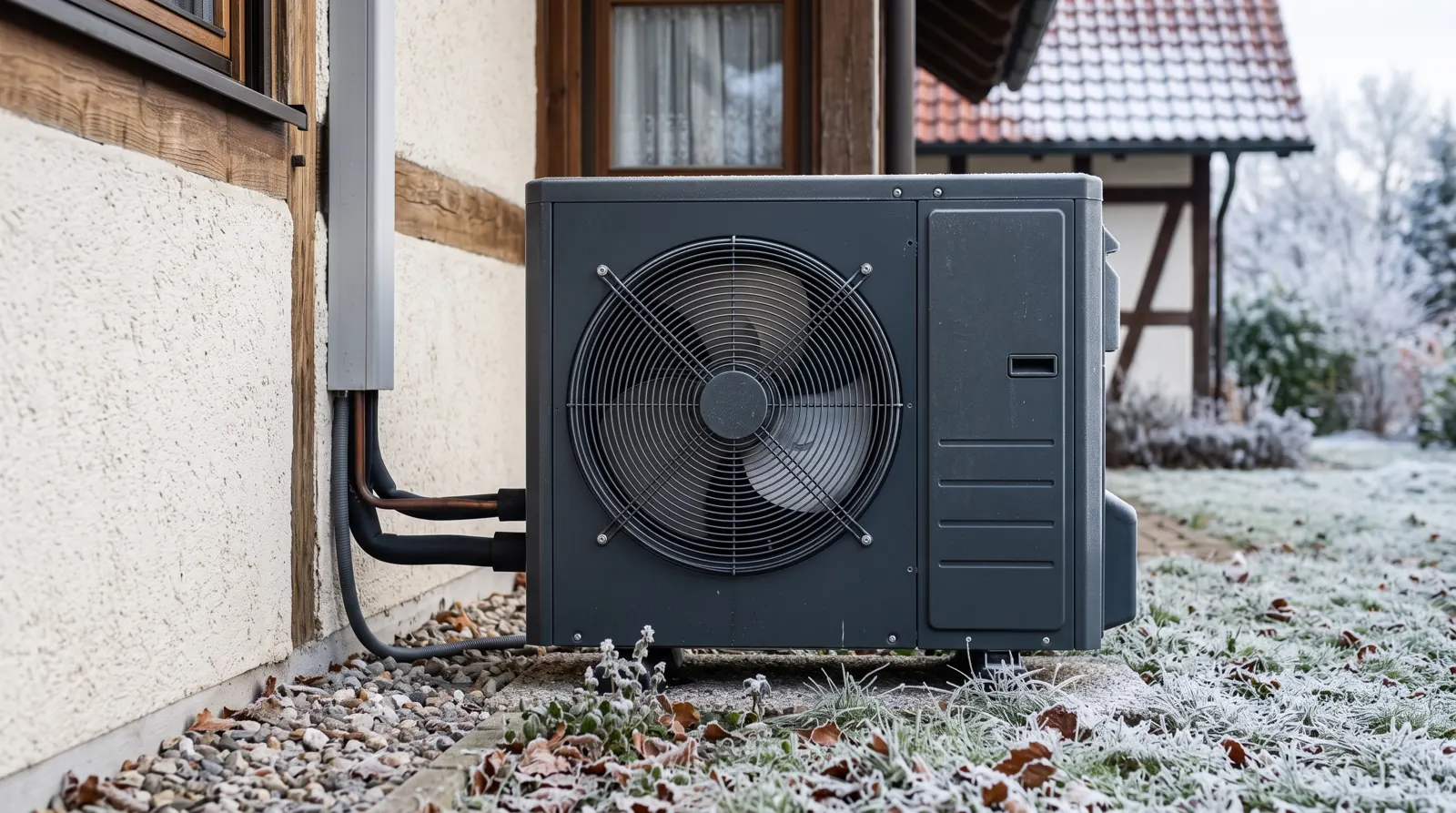 Luft-Wärmepumpen-Außeneinheit an einem Wohnhaus im Winter