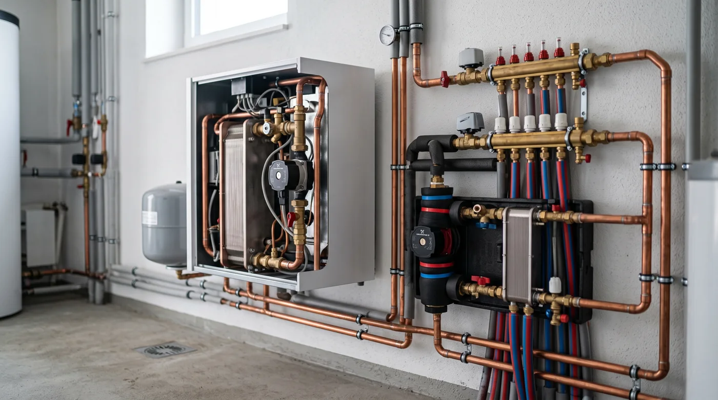 Technik einer Wärmepumpe mit Kühlstation im Hauswirtschaftsraum
