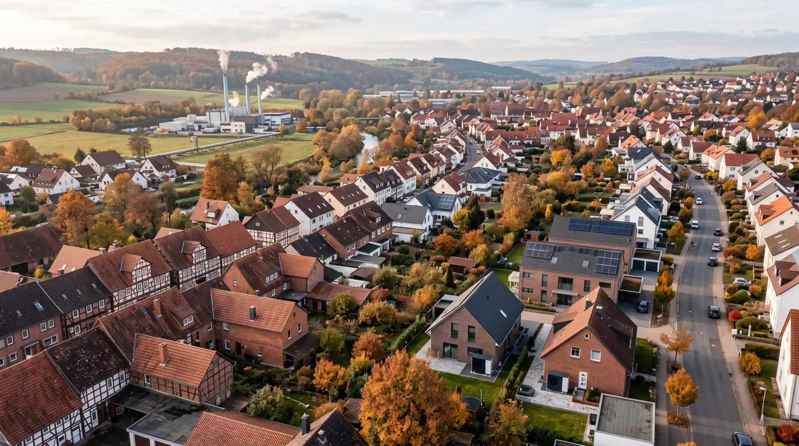 Luftaufnahme einer deutschen Stadt mit Wohngebieten, Waermepumpen und Fernwaerme-Infrastruktur