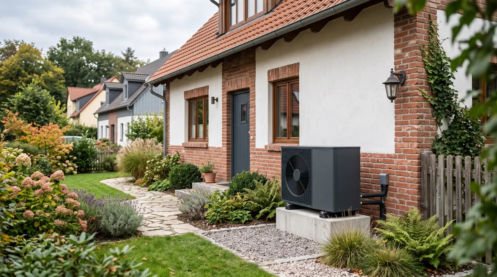 Luft-Wasser-Wärmepumpe an der Außenwand eines sanierten Einfamilienhauses in Deutschland
