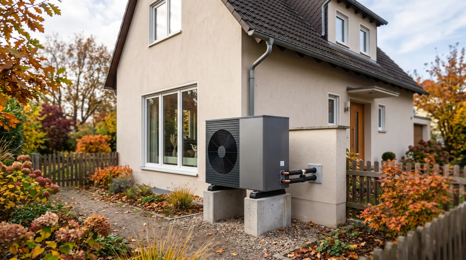 Außengerät einer Luft-Wasser-Wärmepumpe an einem deutschen Einfamilienhaus
