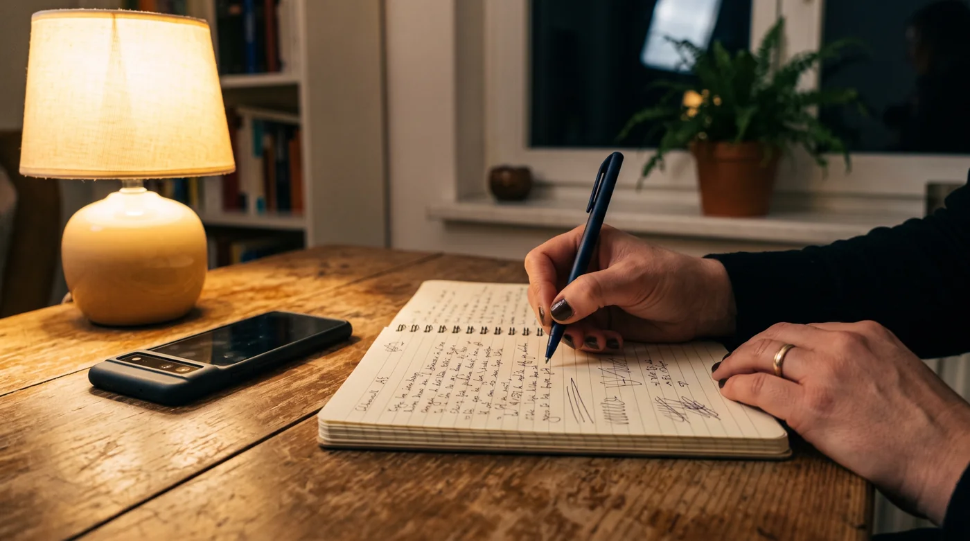 Handschriftliches Lärmprotokoll am Fenster bei Nacht