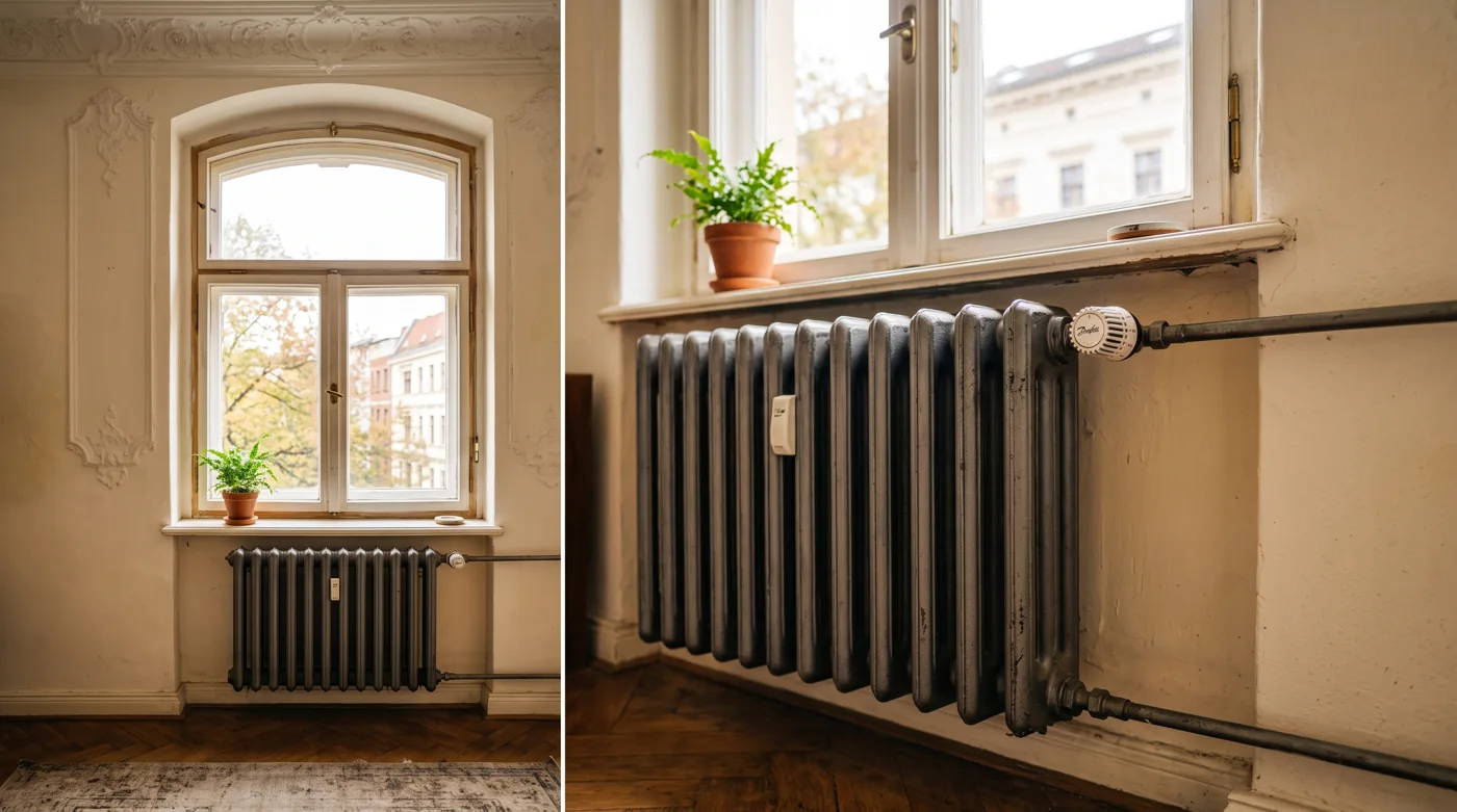 Klassischer Gliederheizkörper im Altbau, wie er mit R290-Wärmepumpen weiter genutzt werden kann