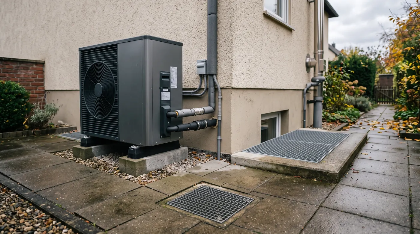 Aufstellung einer Propan-Wärmepumpe mit Schutzabstand zu Kellerlichtschacht und Gully