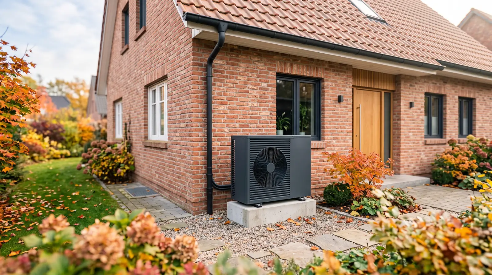 Monoblock-Wärmepumpe mit natürlichem Kältemittel R290 an der Außenwand eines Altbaus in Deutschland