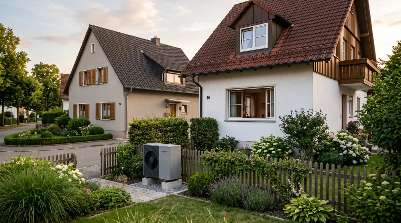 Wärmepumpe nahe der Grundstücksgrenze mit Blick auf das Nachbarfenster