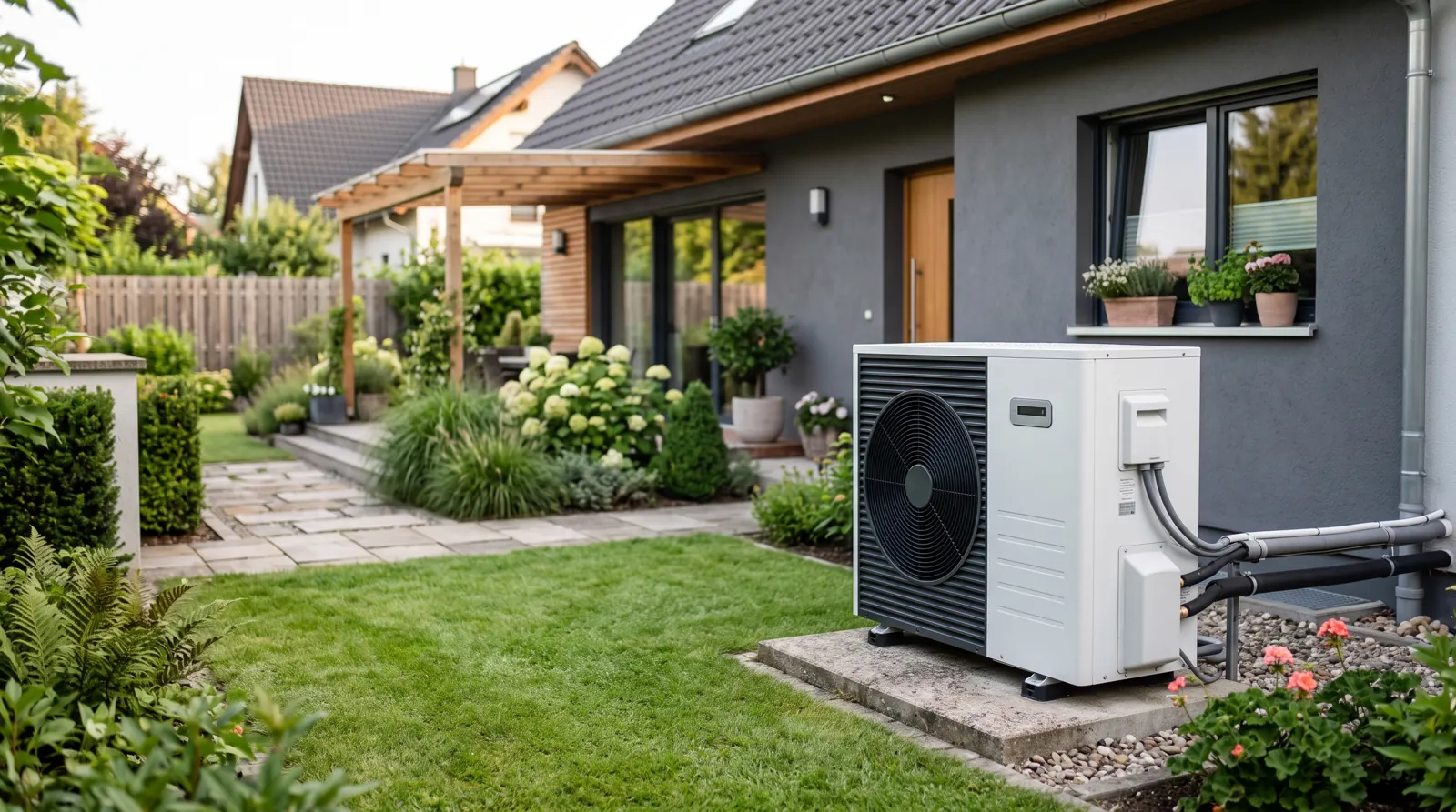 Freistehende Luft-Wärmepumpe im Garten eines Einfamilienhauses