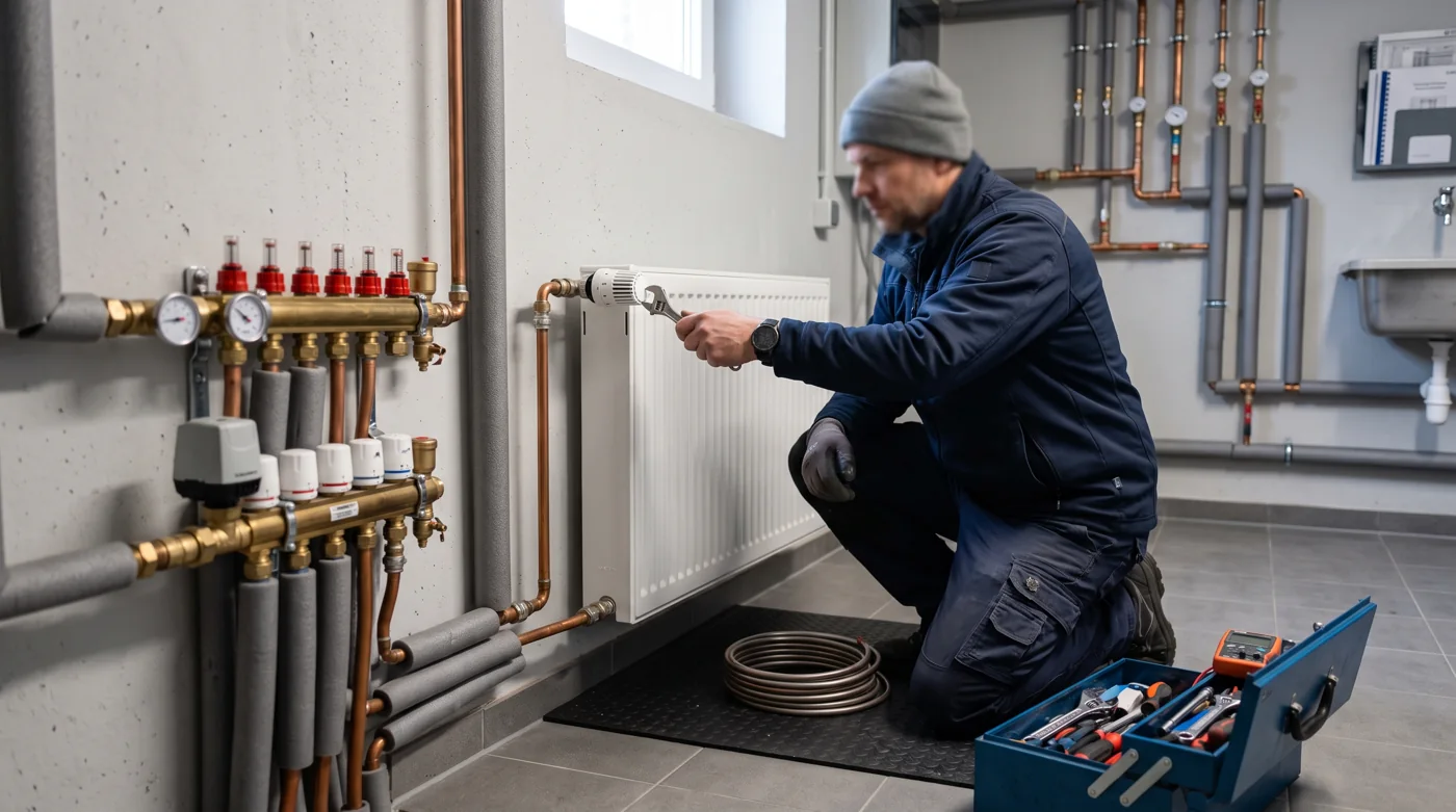 Fachhandwerker führt hydraulischen Abgleich an der Heizungsanlage durch