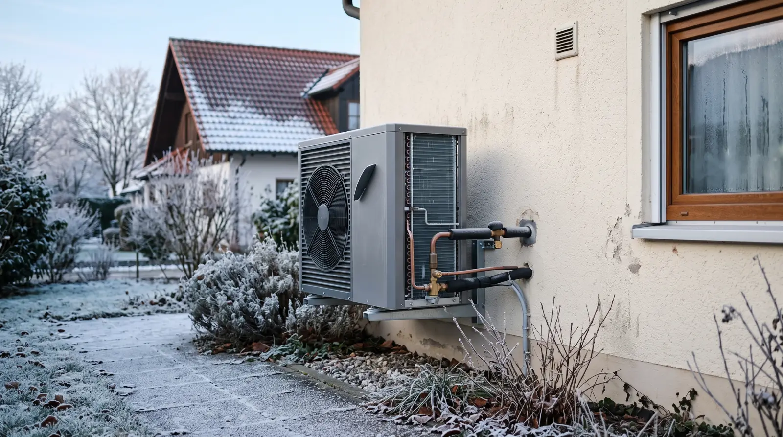 Luft-Wasser-Wärmepumpe an einer Hauswand im Winter