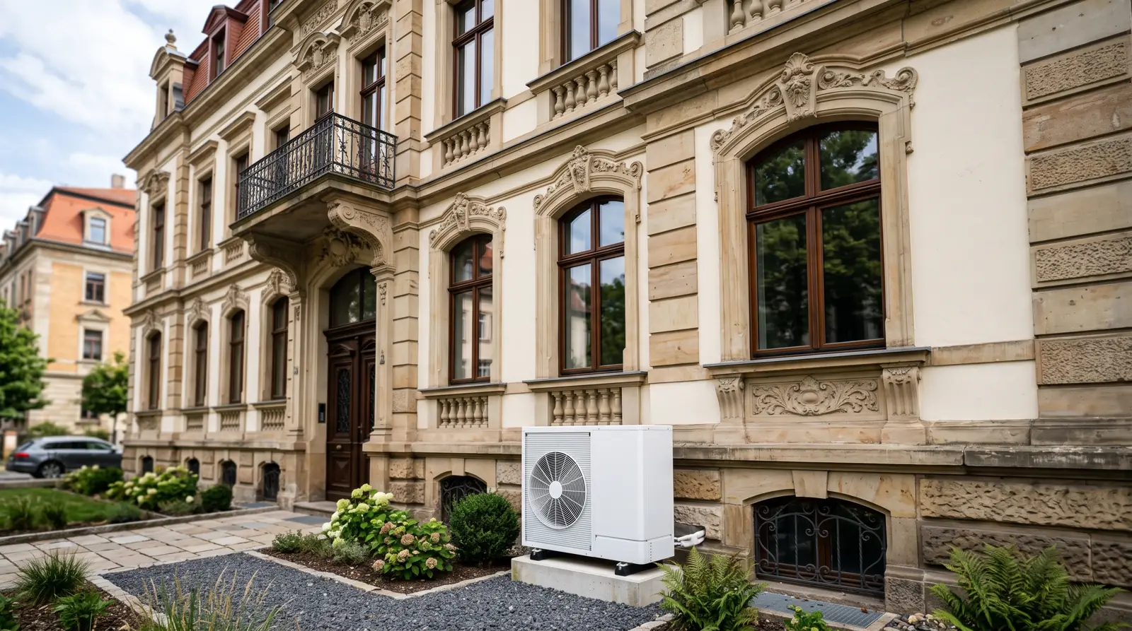Moderne Wärmepumpe vor einem sanierten Altbau mit Gründerzeitfassade