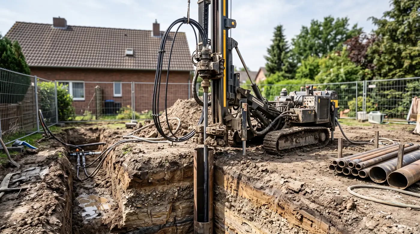 Erdsonden-Bohrung für eine Sole-Wasser-Wärmepumpe im Garten