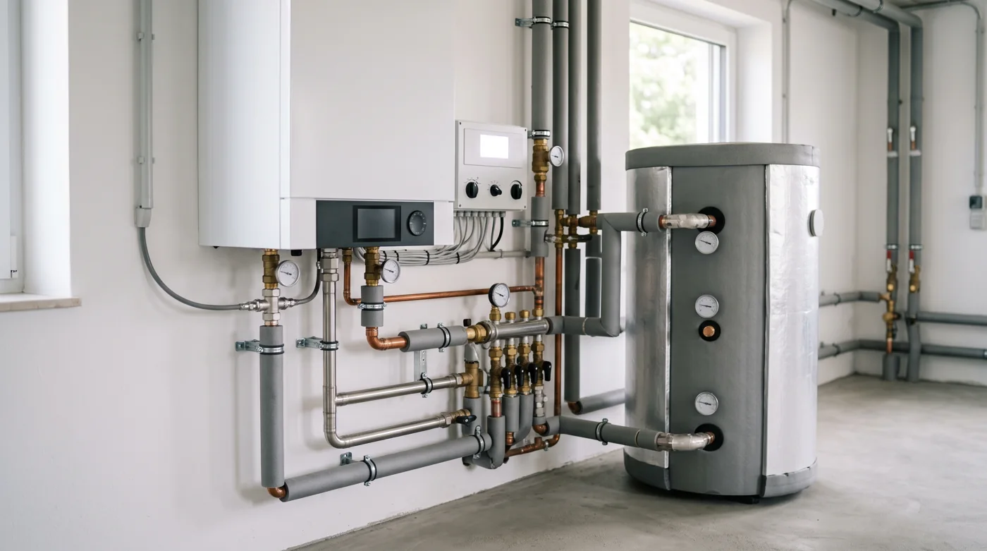 Innengerät und Hydraulik einer Wärmepumpe im Technikraum
