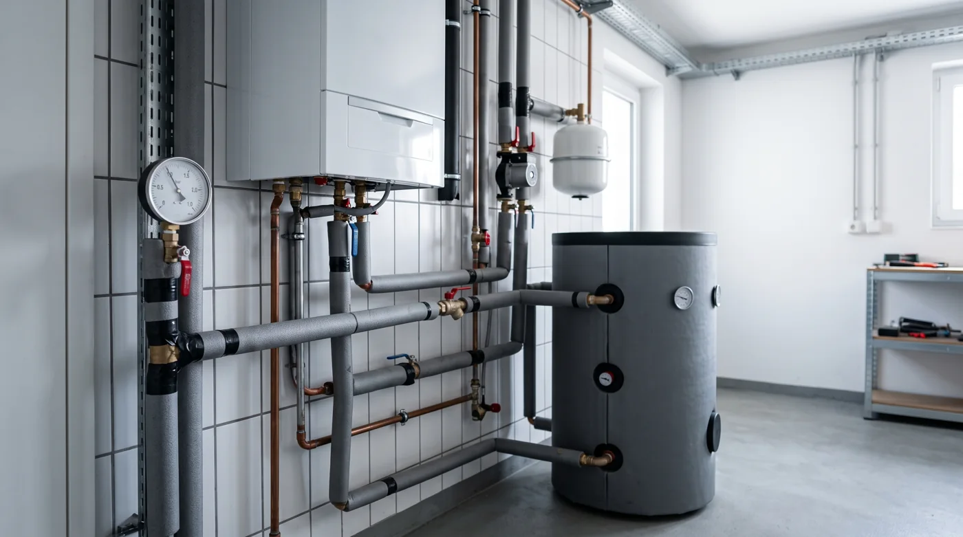 Innenaggregat und Pufferspeicher einer Wärmepumpe im Technikraum