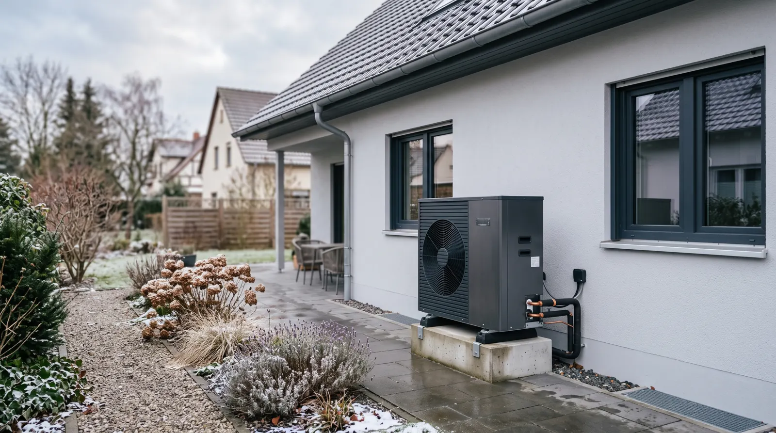 Luft-Wasser-Wärmepumpe an der Außenwand eines sanierten Einfamilienhauses im Winter