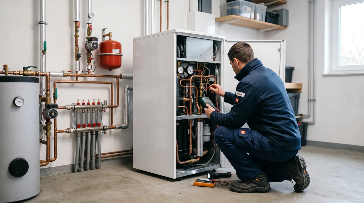 Fachbetrieb prüft eine Sole-Wasser-Wärmepumpe im Technikraum