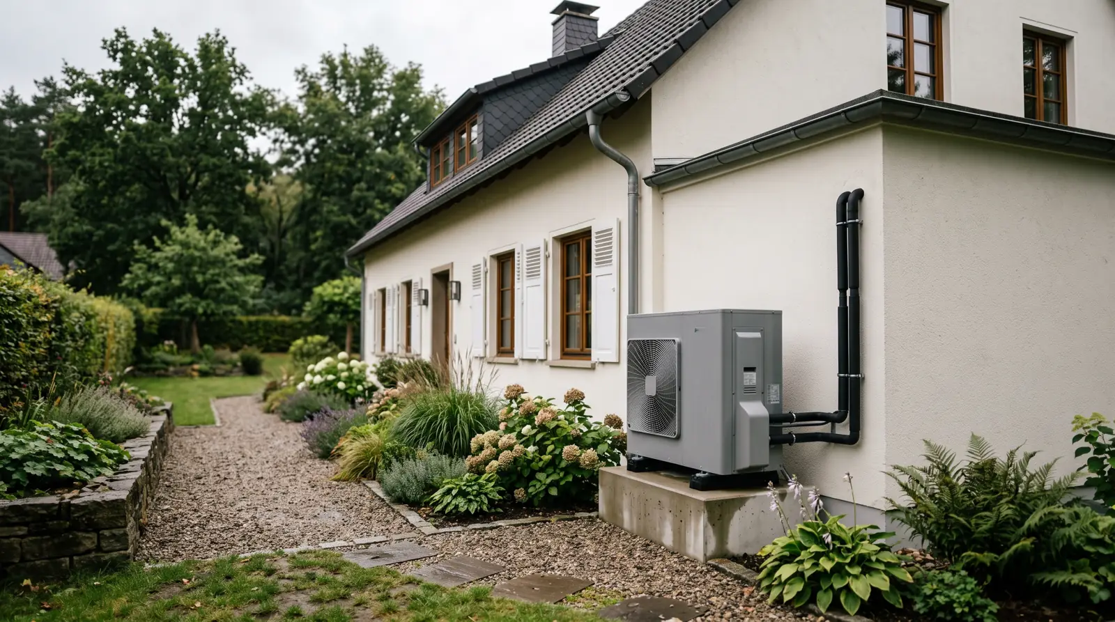 Luft-Wasser-Wärmepumpe an einem sanierten Einfamilienhaus in Deutschland