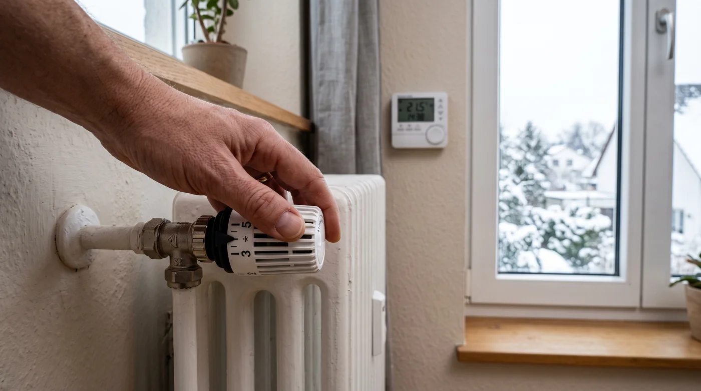 Hand dreht ein Thermostatventil am Heizkörper während des 50-Grad-Tests auf