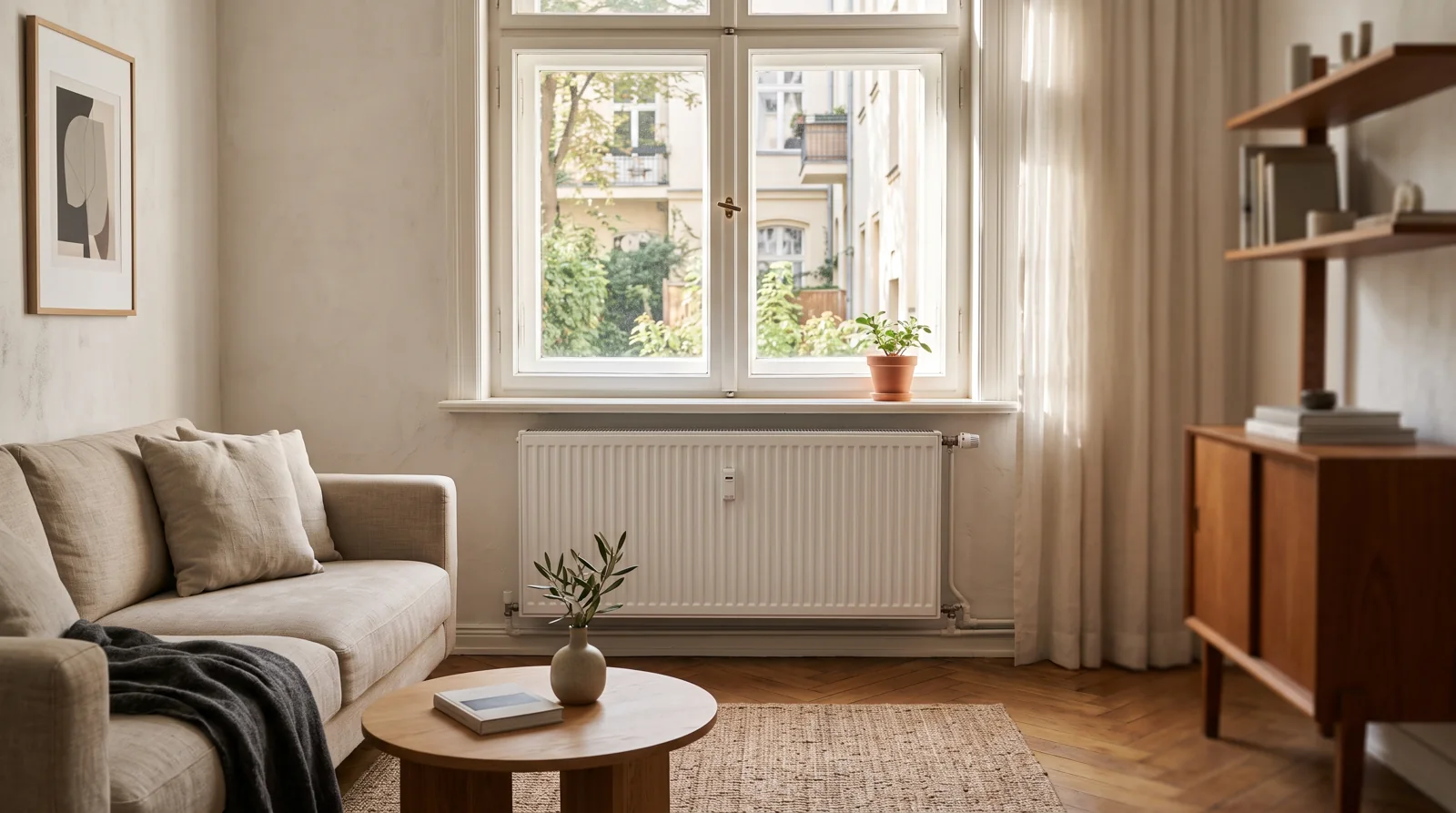 Großer weißer Plattenheizkörper unter einem Fenster in einem sanierten Altbau-Wohnzimmer