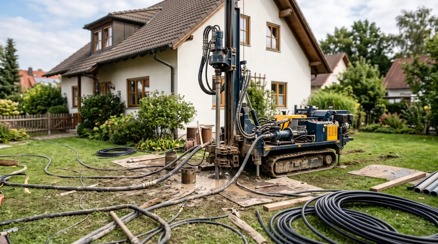 Bohrgerät erschließt eine Erdwärme-Sonde im Garten eines Einfamilienhauses