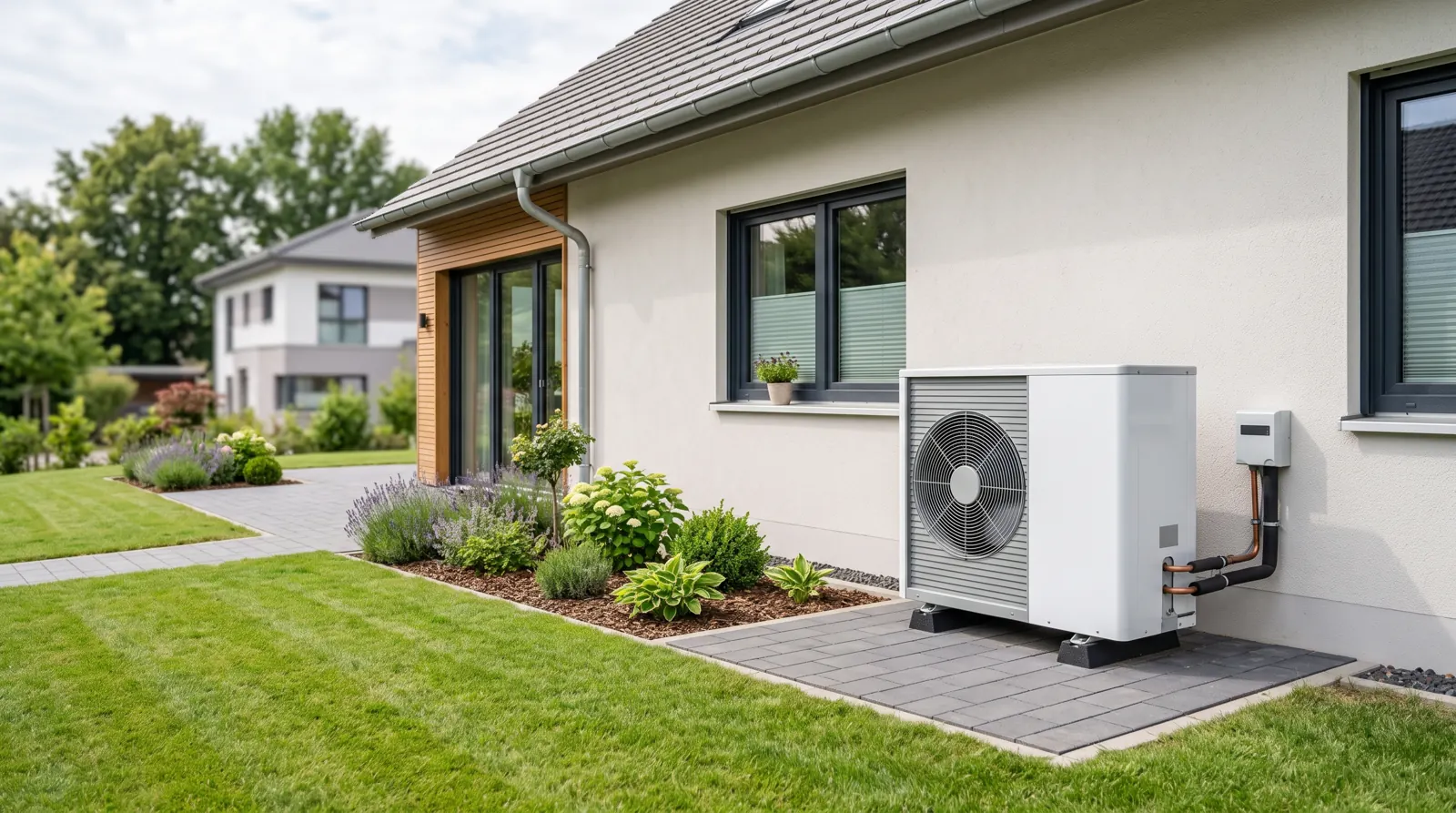 Moderne Luft-Wärmepumpe neben einem modernen Einfamilienhaus