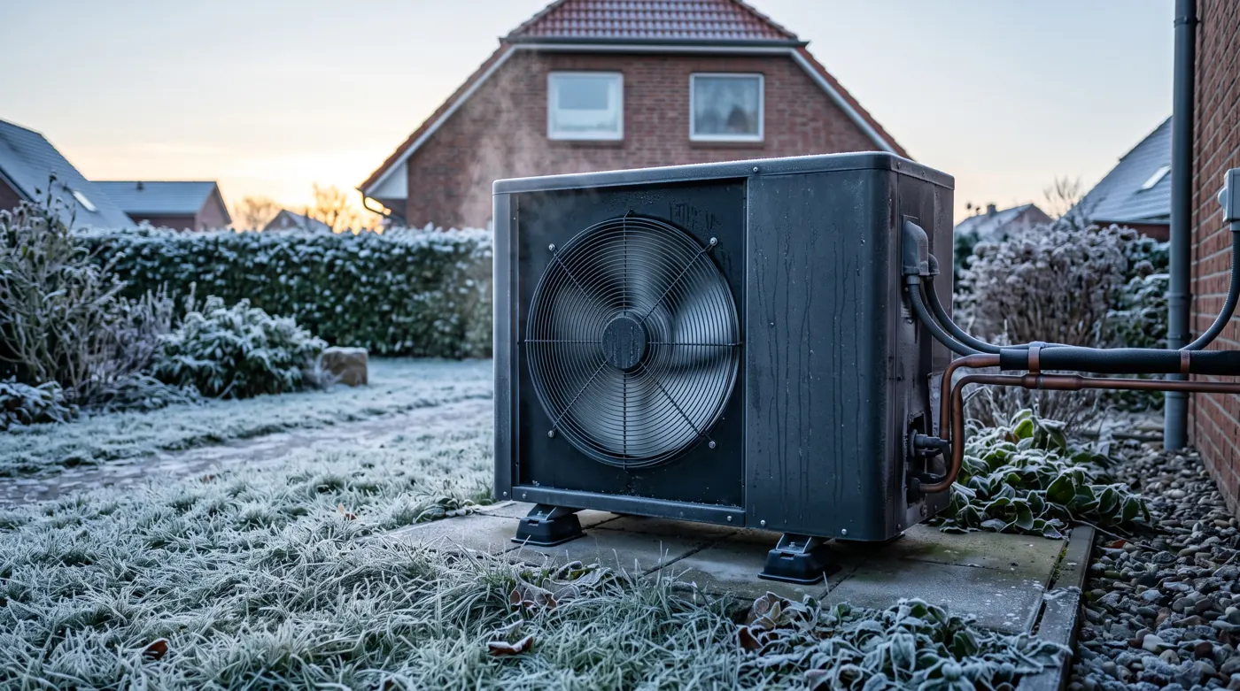 Wärmepumpen-Außeneinheit im Betrieb bei Frost und Kälte