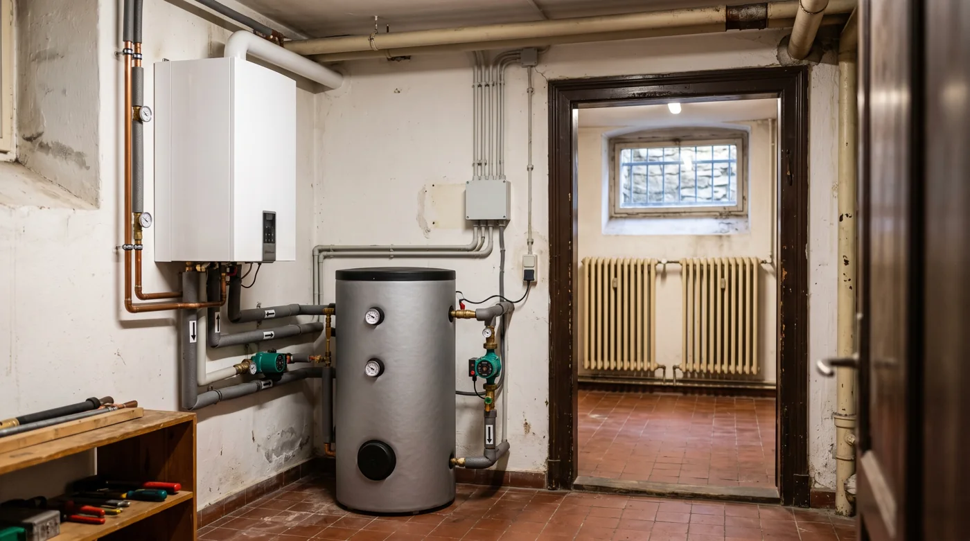 Moderne Wärmepumpe im Keller eines Bestandsgebäudes mit klassischen Heizkörpern